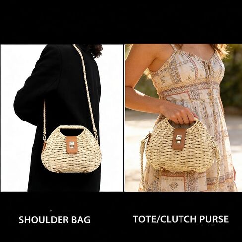 حقيبة Fozehlad من القش للنساء، حقيبة شاطئ منسوجة، محفظة كتف صيفية، تصميم خفيف الوزن مصنوع يدويًا in Kuwait