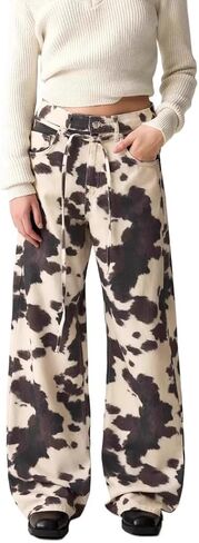 heyheyshine Cow Print Pants for Men Women Wide Leg Jeans Y2K Straps with Drawstring Streetwear Baggy Trouser with Pockets in Saudi Arabia