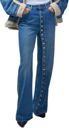 Women's High Waisted Straight Leg Jeans Casual Button Down Boyfriends Wide Leg Denim Pants Trendy 2026 in Saudi Arabia