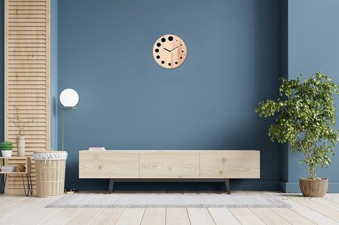 Wooden Wall Clock with Black Acrylic Dot, Modern Round Rubber Wood Natural Design, 24 cm size, Wall Mount (Battery not included), Suitable for Living Room, Bed Room, Office and Gifting in Saudi Arabia