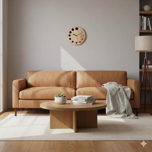 Wooden Wall Clock with Black Acrylic Dot, Modern Round Rubber Wood Natural Design, 24 cm size, Wall Mount (Battery not included), Suitable for Living Room, Bed Room, Office and Gifting in Saudi Arabia