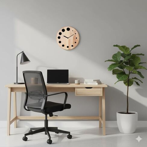 Wooden Wall Clock with Black Acrylic Dot, Modern Round Rubber Wood Natural Design, 24 cm size, Wall Mount (Battery not included), Suitable for Living Room, Bed Room, Office and Gifting in Saudi Arabia