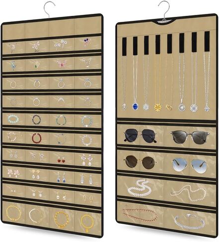 Hanging Jewelry Organizer 1 pack, Double-Sided,Multi-pocket-48 Pockets + 8 hook for Earrings/Necklaces/Rings/Bracelets, Sturdy Hooks fits Closet/Wall/Door, Gift for Women in Saudi Arabia