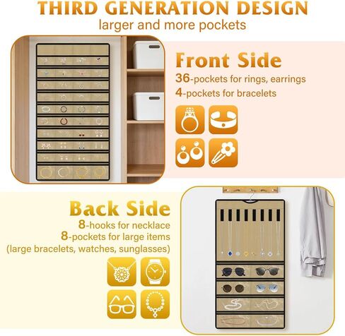 Hanging Jewelry Organizer 1 pack, Double-Sided,Multi-pocket-48 Pockets + 8 hook for Earrings/Necklaces/Rings/Bracelets, Sturdy Hooks fits Closet/Wall/Door, Gift for Women in Saudi Arabia