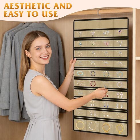Hanging Jewelry Organizer 1 pack, Double-Sided,Multi-pocket-48 Pockets + 8 hook for Earrings/Necklaces/Rings/Bracelets, Sturdy Hooks fits Closet/Wall/Door, Gift for Women in Saudi Arabia