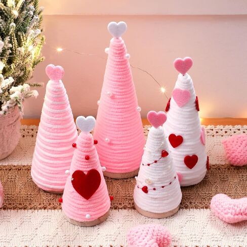 Realspring 5 Pcs Valentine's Table Decorations Day Red Pink White Mini Yarn Trees Heart Farmhouse Table Top Decors for Valentines Indoor Room Kitchen Tiered Tray Decorations Gifts(Red White) in Saudi Arabia