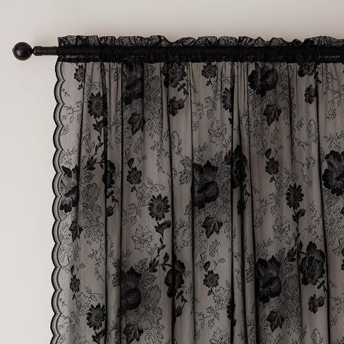 Black Lace Curtains 63 Inch Long Vintage Floral Sheer Curtains for Living Room & Bedroom - Victorian Style Decor Light Filtering Scalloped Edges Drapes with Rod Pocket - 2 Panels Set, 55 x 63 in Saudi Arabia