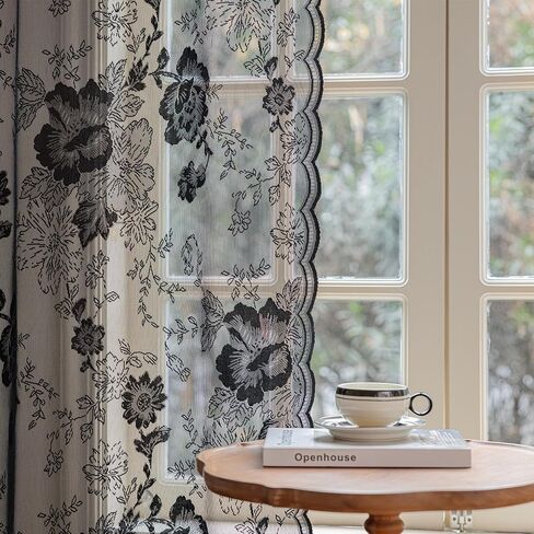 Black Lace Curtains 63 Inch Long Vintage Floral Sheer Curtains for Living Room & Bedroom - Victorian Style Decor Light Filtering Scalloped Edges Drapes with Rod Pocket - 2 Panels Set, 55 x 63 in Saudi Arabia