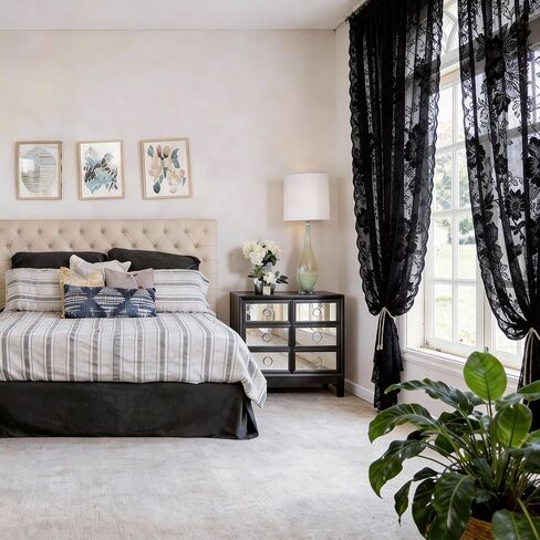 Black Lace Curtains 63 Inch Long Vintage Floral Sheer Curtains for Living Room & Bedroom - Victorian Style Decor Light Filtering Scalloped Edges Drapes with Rod Pocket - 2 Panels Set, 55 x 63 in Saudi Arabia