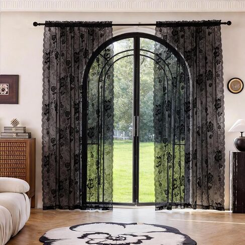 Black Lace Curtains 63 Inch Long Vintage Floral Sheer Curtains for Living Room & Bedroom - Victorian Style Decor Light Filtering Scalloped Edges Drapes with Rod Pocket - 2 Panels Set, 55 x 63 in Saudi Arabia