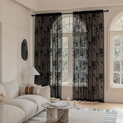 Black Lace Curtains 63 Inch Long Vintage Floral Sheer Curtains for Living Room & Bedroom - Victorian Style Decor Light Filtering Scalloped Edges Drapes with Rod Pocket - 2 Panels Set, 55 x 63 in Saudi Arabia