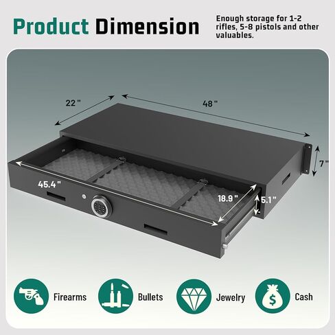 7"H Gun Safe for Handgun,Under Bed Gun Safe for Rifles & Pistols,Drawer Safe with LED Light & Digital Panel,Shotgun Cabinet with Mute & Alarm.Quick Access in Saudi Arabia