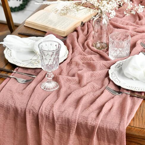 Boho Cheesecloth Gauze Peach Wedding Table Runner, Seasonal Summer Fabric Kitchen Dining Holiday Table Decor for Home Party Indoor 35x120 Inch in Saudi Arabia