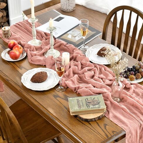 Boho Cheesecloth Gauze Peach Wedding Table Runner, Seasonal Summer Fabric Kitchen Dining Holiday Table Decor for Home Party Indoor 35x120 Inch in Saudi Arabia