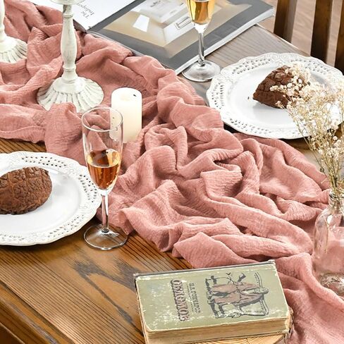Boho Cheesecloth Gauze Peach Wedding Table Runner, Seasonal Summer Fabric Kitchen Dining Holiday Table Decor for Home Party Indoor 35x120 Inch in Saudi Arabia