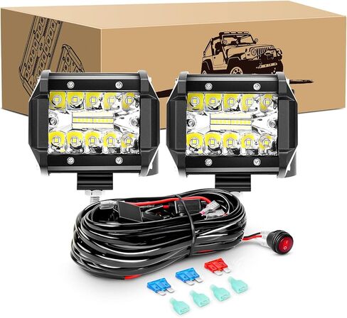 GOOACC 4PCS 60W 4 Inch Triple Row LED Pods Flood Light Bar Fog Light Driving Lighting with 16AWG Off Road Wiring Harness-4 Leads for Truck Golf Cart SUV ATV UTV Boat, Clear,White (Auto-632) in Saudi Arabia