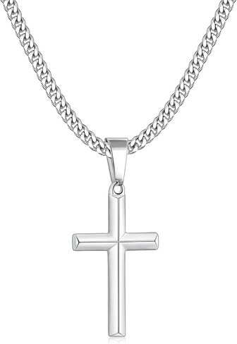 Fiusem Silver Tone/Black/14K Gold Plated Cross Necklace for Men, Beveled Edge Pandent Mens Necklace, 3.5MM Stainless Steel Cuban Chain, 16-24 Inches Jewelry Gifts in Saudi Arabia