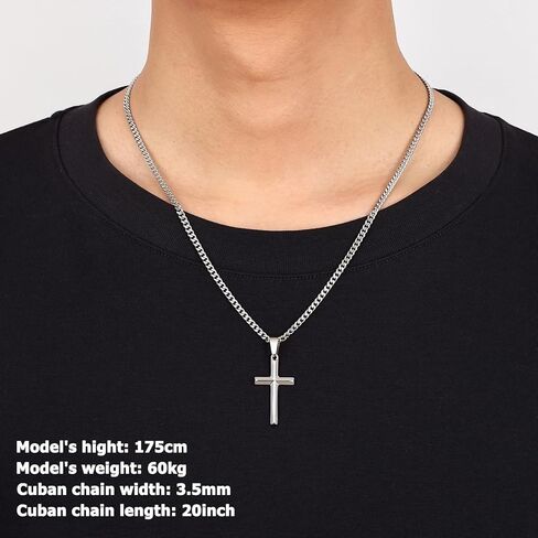 Fiusem Silver Tone/Black/14K Gold Plated Cross Necklace for Men, Beveled Edge Pandent Mens Necklace, 3.5MM Stainless Steel Cuban Chain, 16-24 Inches Jewelry Gifts in Saudi Arabia