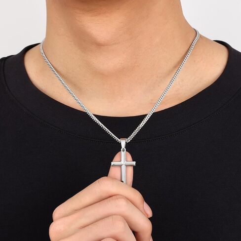 Fiusem Silver Tone/Black/14K Gold Plated Cross Necklace for Men, Beveled Edge Pandent Mens Necklace, 3.5MM Stainless Steel Cuban Chain, 16-24 Inches Jewelry Gifts in Saudi Arabia