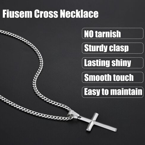 Fiusem Silver Tone/Black/14K Gold Plated Cross Necklace for Men, Beveled Edge Pandent Mens Necklace, 3.5MM Stainless Steel Cuban Chain, 16-24 Inches Jewelry Gifts in Saudi Arabia