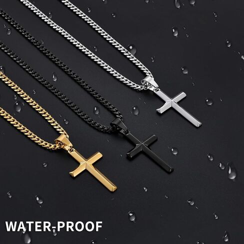 Fiusem Silver Tone/Black/14K Gold Plated Cross Necklace for Men, Beveled Edge Pandent Mens Necklace, 3.5MM Stainless Steel Cuban Chain, 16-24 Inches Jewelry Gifts in Saudi Arabia
