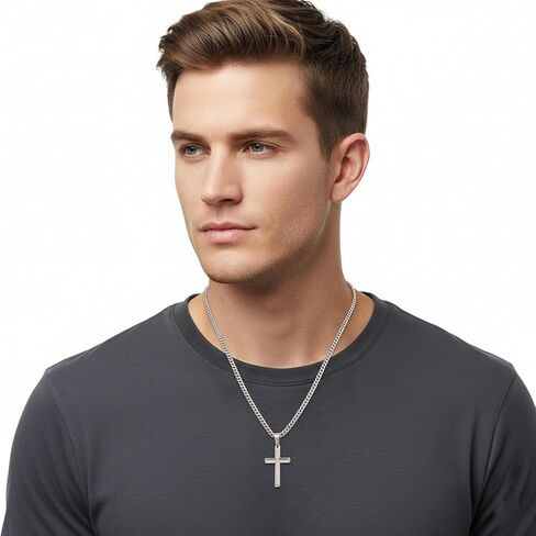 Fiusem Silver Tone/Black/14K Gold Plated Cross Necklace for Men, Beveled Edge Pandent Mens Necklace, 3.5MM Stainless Steel Cuban Chain, 16-24 Inches Jewelry Gifts in Saudi Arabia