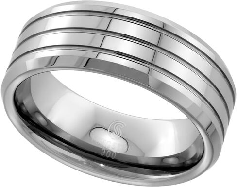Sabrina Silver Tungsten Carbide 8 mm Flat Wedding Band Ring for Men 3 Grooves Beveled Edges sizes 9 to 14 in Saudi Arabia