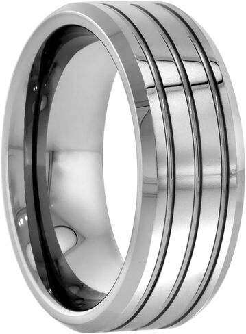 Sabrina Silver Tungsten Carbide 8 mm Flat Wedding Band Ring for Men 3 Grooves Beveled Edges sizes 9 to 14 in Saudi Arabia