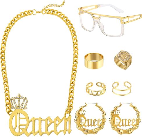 مجموعة إكسسوارات ديسكو 70s للحفلات التنكرية الهيب هوب كوين مجموعة إكسسوارات مغني الراب 80s 90s DJ للجنسين فاسق مغني الراب إكسسوار الزي للمرأة الذهبية in Kuwait