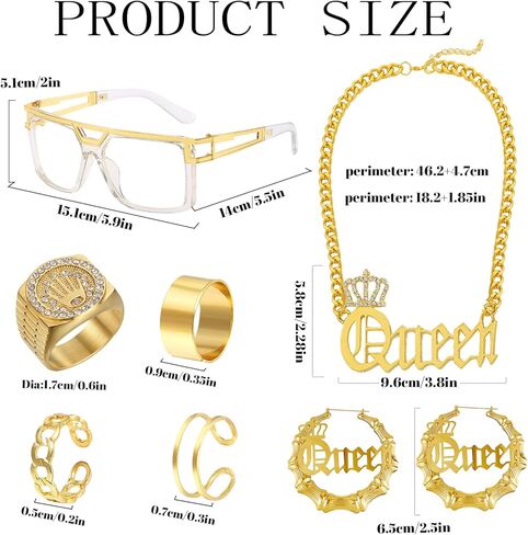 مجموعة إكسسوارات ديسكو 70s للحفلات التنكرية الهيب هوب كوين مجموعة إكسسوارات مغني الراب 80s 90s DJ للجنسين فاسق مغني الراب إكسسوار الزي للمرأة الذهبية in Kuwait