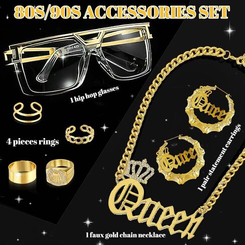 مجموعة إكسسوارات ديسكو 70s للحفلات التنكرية الهيب هوب كوين مجموعة إكسسوارات مغني الراب 80s 90s DJ للجنسين فاسق مغني الراب إكسسوار الزي للمرأة الذهبية in Kuwait
