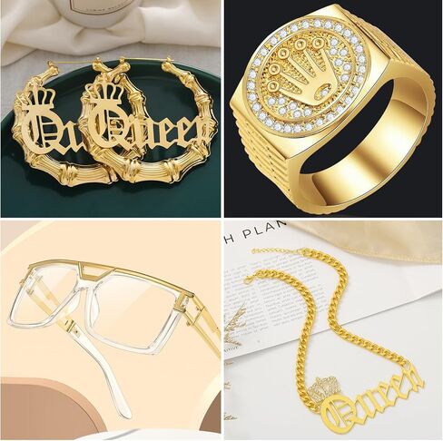 مجموعة إكسسوارات ديسكو 70s للحفلات التنكرية الهيب هوب كوين مجموعة إكسسوارات مغني الراب 80s 90s DJ للجنسين فاسق مغني الراب إكسسوار الزي للمرأة الذهبية in Kuwait