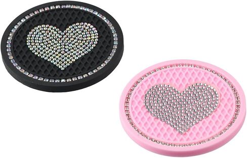 BYOBYO 2Pcs Heart Bling Car Coasters, Universal Auto Cup Holder Insert Coasters, Drink Car Cup Mat for Gifts, Women & Lady (Pink), 2.75 Inch in Saudi Arabia