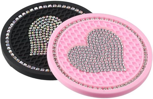 BYOBYO 2Pcs Heart Bling Car Coasters, Universal Auto Cup Holder Insert Coasters, Drink Car Cup Mat for Gifts, Women & Lady (Pink), 2.75 Inch in Saudi Arabia