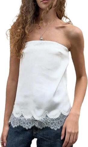 Women Satin Tube Top Sleeveless Strapless Lace Trim Flowy Cami Shirt Solid Color Lace Patchwork Bandeau Top in Kuwait