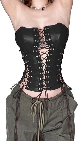 xxxiticat Women's Red Leather Tank Top Sleeveless Slim Fit Lace Up Bandage Tie Hollow Out Cutout Faux Leather Tube Shirt in Saudi Arabia