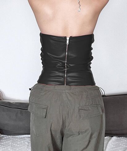 xxxiticat Women's Red Leather Tank Top Sleeveless Slim Fit Lace Up Bandage Tie Hollow Out Cutout Faux Leather Tube Shirt in Saudi Arabia