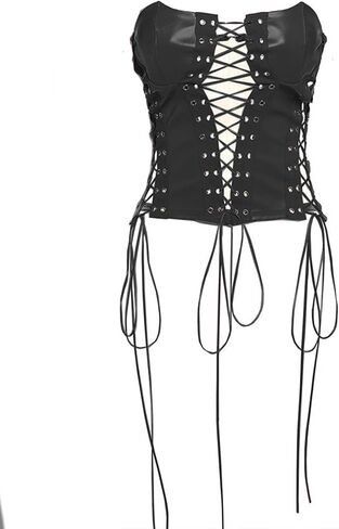 xxxiticat Women's Red Leather Tank Top Sleeveless Slim Fit Lace Up Bandage Tie Hollow Out Cutout Faux Leather Tube Shirt in Saudi Arabia