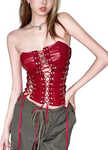 xxxiticat Women's Red Leather Tank Top Sleeveless Slim Fit Lace Up Bandage Tie Hollow Out Cutout Faux Leather Tube Shirt in Saudi Arabia