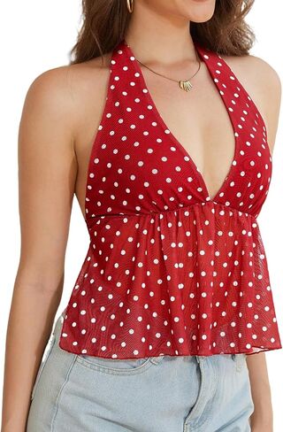 Women's Polka Dot Halter Top Backless Y2k Crop V Neck Tie Up Peplum Going Out Tops in Saudi Arabia