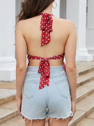 Women's Polka Dot Halter Top Backless Y2k Crop V Neck Tie Up Peplum Going Out Tops in Saudi Arabia