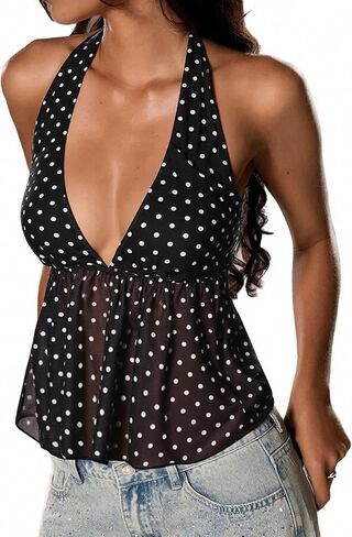 Women's Polka Dot Halter Top Backless Y2k Crop V Neck Tie Up Peplum Going Out Tops in Saudi Arabia