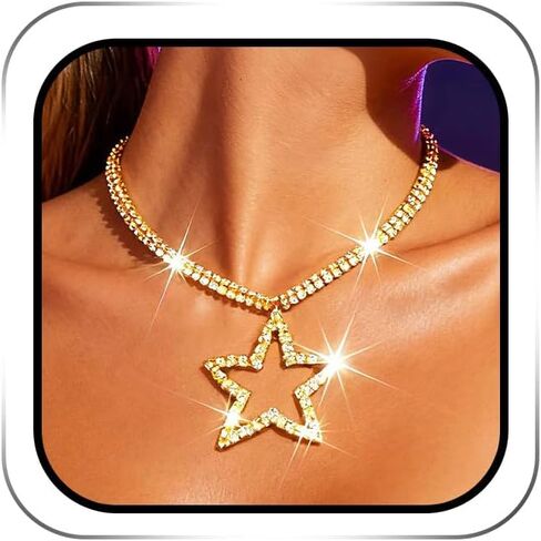 Rhinestone Star Choker Necklace Jewelry Silver Sparkly Crystal Necklaces Party Prom Costume Neck Chain for Women in Kuwait