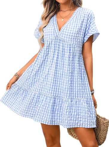 Kaei&Shi Gingham Dress Women,Short Sleeve Babydoll Sundress for Women,Cottage Core Vacation Picnic Farm Dresses in Saudi Arabia