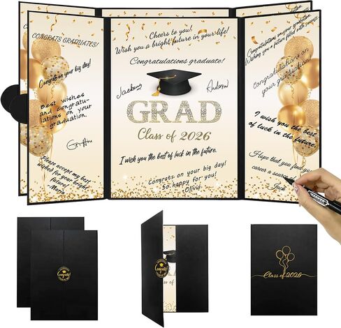 DARUNAXY زخارف حفلات التخرج من الذهب الأسود، فئة 2026، تهانينا للخريجين، كتاب ضيوف التوقيع البديل للرجال والنساء، هدايا تخرج سعيدة، لوحة بطاقة توقيع لحفل التخرج in Kuwait