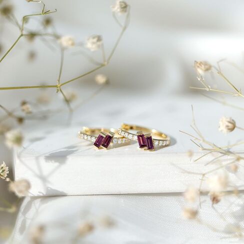 Certified Baguette Shape Rhodolite Diamond Hoop Earrings in Yellow Gold Plated Silver, Aaa Quality - Gift For Women in Saudi Arabia