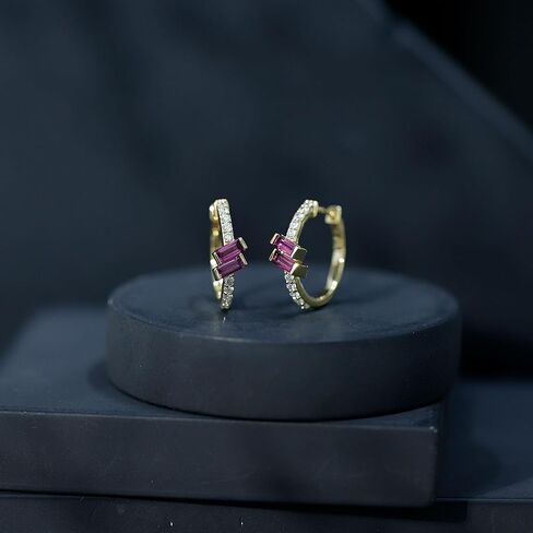 Certified Baguette Shape Rhodolite Diamond Hoop Earrings in Yellow Gold Plated Silver, Aaa Quality - Gift For Women in Saudi Arabia