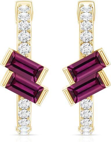 Certified Baguette Shape Rhodolite Diamond Hoop Earrings in Yellow Gold Plated Silver, Aaa Quality - Gift For Women in Saudi Arabia