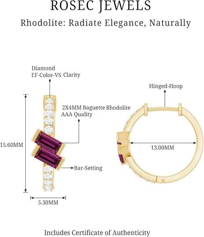 Certified Baguette Shape Rhodolite Diamond Hoop Earrings in Yellow Gold Plated Silver, Aaa Quality - Gift For Women in Saudi Arabia