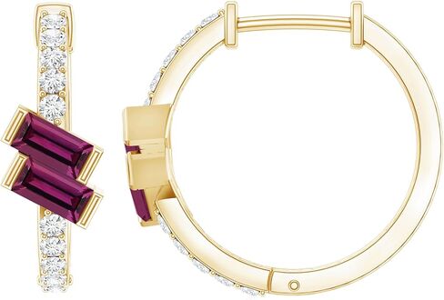 Certified Baguette Shape Rhodolite Diamond Hoop Earrings in Yellow Gold Plated Silver, Aaa Quality - Gift For Women in Saudi Arabia